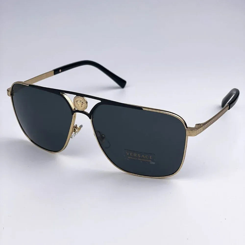 NEW Versace VE2238 143687 Gold Matte Black Gray Rectangle Metal Men Sunglasses